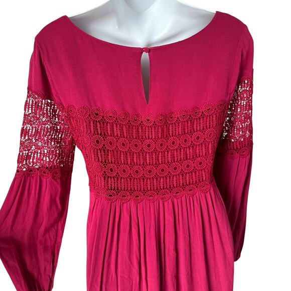 Anthropologie Whimsigoth Raspberry Red Crochet Lace Dress Sz 2 Lined Long Sleeve - Picture 13 of 16